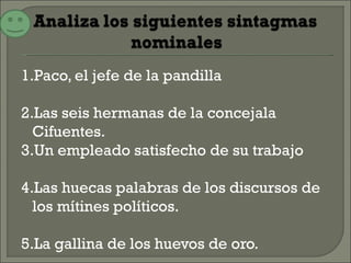 1.Paco, el jefe de la pandilla

2.Las seis hermanas de la concejala
  Cifuentes.
3.Un empleado satisfecho de su trabajo

4.Las huecas palabras de los discursos de
  los mítines políticos.

5.La gallina de los huevos de oro.
 