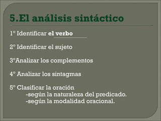 1º Identificar el verbo

2º Identificar el sujeto

3ºAnalizar los complementos

4º Analizar los sintagmas

5º Clasificar la oración
      -según la naturaleza del predicado.
      -según la modalidad oracional.
 