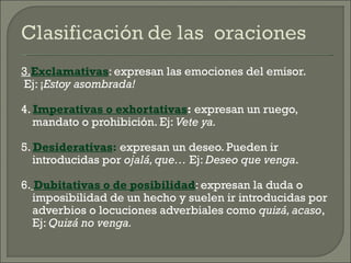 3.Exclamativas: expresan las emociones del emisor.
Ej: ¡Estoy asombrada!

4. Imperativas o exhortativas: expresan un ruego,
   mandato o prohibición. Ej: Vete ya.

5. Desiderativas: expresan un deseo. Pueden ir
   introducidas por ojalá, que… Ej: Deseo que venga.

6. Dubitativas o de posibilidad: expresan la duda o
   imposibilidad de un hecho y suelen ir introducidas por
   adverbios o locuciones adverbiales como quizá, acaso,
   Ej: Quizá no venga.
 