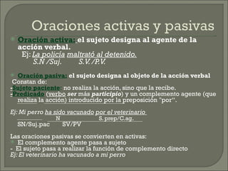    Oración activa: el sujeto designa al agente de la
    acción verbal.
     Ej: La policía maltrató al detenido.
         S.N /Suj.     S.V /P.V
                          .     .
 Oración pasiva: el sujeto designa al objeto de la acción verbal
 Constan de:
-Sujeto paciente: no realiza la acción, sino que la recibe.
-Predicado (verbo ser más participio) y un complemento agente (que
  realiza la acción) introducido por la preposición "por“.
Ej: Mi perro ha sido vacunado por el veterinario
                 N             S. prep/C.ag.
   SN/Suj.pac      SV/PV
Las oraciones pasivas se convierten en activas:
 El complemento agente pasa a sujeto
- El sujeto pasa a realizar la función de complemento directo
Ej: El veterinario ha vacunado a mi perro
 