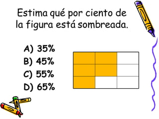Estima qué por ciento de la figura está sombreada. A) 35% B) 45% C) 55% D) 65% 