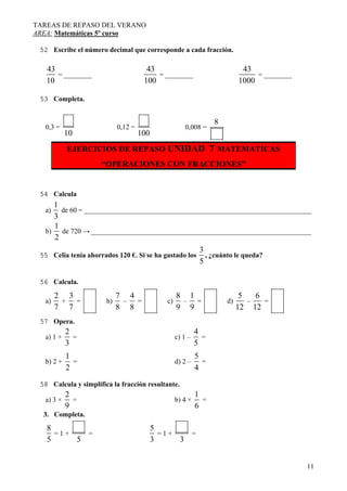 TAREAS DE REPASO DEL VERANO
AREA: Matemáticas 5º curso
11
52 Escribe el número decimal que corresponde a cada fracción.
43
10
= ________
43
100
= ________
43
1000
= ________
53 Completa.
0,3 =
10
0,12 =
100
0,008 =
8
EJERCICIOS DE REPASO UNIDAD 7 MATEMATICAS
“OPERACIONES CON FRACCIONES”
54 Calcula
a)
1
3
de 60 = _________________________________________________________________
b)
1
2
de 720 → _______________________________________________________________
55 Celia tenía ahorrados 120 €. Si se ha gastado los
3
5
, ¿cuánto le queda?
56 Calcula.
a)
2
7
+
3
7
= b)
7
8
–
4
8
= c)
8
9
–
1
9
= d)
5
12
–
6
12
=
57 Opera.
a) 1 +
2
3
= c) 1 –
4
5
=
b) 2 +
1
2
= d) 2 –
5
4
=
58 Calcula y simplifica la fracción resultante.
a) 3 ×
2
9
= b) 4 ×
1
6
=
3. Completa.
8
5
= 1 +
5
=
5
3
= 1 +
3
=
 