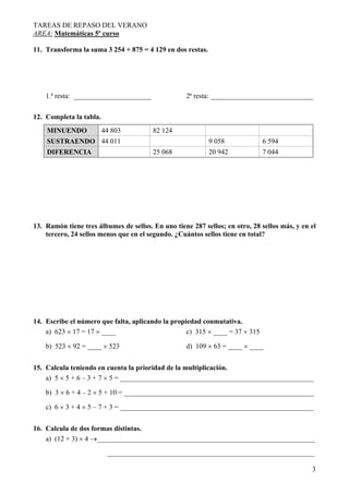 TAREAS DE REPASO DEL VERANO
AREA: Matemáticas 5º curso
3
11. Transforma la suma 3 254 + 875 = 4 129 en dos restas.
1.ª resta: ______________________ 2ª resta: _____________________________
12. Completa la tabla.
MINUENDO 44 803 82 124
SUSTRAENDO 44 011 9 058 6 594
DIFERENCIA 25 068 20 942 7 044
13. Ramón tiene tres álbumes de sellos. En uno tiene 287 sellos; en otro, 28 sellos más, y en el
tercero, 24 sellos menos que en el segundo. ¿Cuántos sellos tiene en total?
14. Escribe el número que falta, aplicando la propiedad conmutativa.
a) 623 × 17 = 17 × ____ c) 315 × ____ = 37 × 315
b) 523 × 92 = ____ × 523 d) 109 × 63 = ____ × ____
15. Calcula teniendo en cuenta la prioridad de la multiplicación.
a) 5 × 5 + 6 – 3 + 7 × 5 = _______________________________________________________
b) 3 × 6 + 4 – 2 × 5 + 10 = ______________________________________________________
c) 6 × 3 + 4 × 5 – 7 + 3 = _______________________________________________________
16. Calcula de dos formas distintas.
a) (12 + 3) × 4 →______________________________________________________________
___________________________________________________________
 