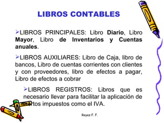 Reyes F. F.
LIBROS CONTABLES
LIBROS PRINCIPALES: Libro Diario, Libro
Mayor, Libro de Inventarios y Cuentas
anuales.
LIBROS AUXILIARES: Libro de Caja, libro de
bancos, Libro de cuentas corrientes con clientes
y con proveedores, libro de efectos a pagar,
Libro de efectos a cobrar
LIBROS REGISTROS: Libros que es
necesario llevar para facilitar la aplicación de
ciertos impuestos como el IVA.
 
