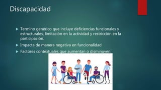Discapacidad
 Termino genérico que incluye deficiencias funcionales y
estructurales, limitación en la actividad y restricción en la
participación.
 Impacta de manera negativa en funcionalidad
 Factores contextuales que aumentan o disminuyen
 