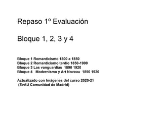 Repaso 1º Evaluación
Bloque 1, 2, 3 y 4
Bloque 1 Romanticismo 1800 a 1850
Bloque 2 Romanticismo tardío 1850-1900
Bloque 3 Las vanguardias 1890 1920
Bloque 4 Modernismo y Art Noveau 1890 1920
Actualizado con Imágenes del curso 2020-21
(EvAU Comunidad de Madrid)
 