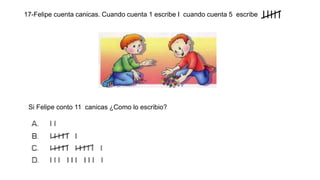17-Felipe cuenta canicas. Cuando cuenta 1 escribe I cuando cuenta 5 escribe
Si Felipe conto 11 canicas ¿Como lo escribio?
 