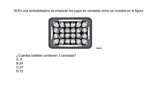 18-En una embotelladora se empacan los jugos en canastas como se muestra en la figura
¿Cuántas botellas contienen 3 canastas?
A. 8
B.24
C.27
D.72
 