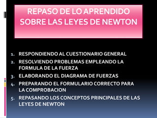 REPASO DE LO APRENDIDO 
SOBRE LAS LEYES DE NEWTON 
1. RESPONDIENDO AL CUESTIONARIO GENERAL 
2. RESOLVIENDO PROBLEMAS EMPLEANDO LA 
FORMULA DE LA FUERZA 
3. ELABORANDO EL DIAGRAMA DE FUERZAS 
4. PREPARANDO EL FORMULARIO CORRECTO PARA 
LA COMPROBACION 
5. REPASANDO LOS CONCEPTOS PRINCIPALES DE LAS 
LEYES DE NEWTON 
 