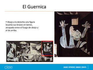 El Guernica 
• Abajo a la derecha una figura 
levanta sus brazos en terror, 
atrapada entre el fuego de abajo y 
el de arriba. 
 