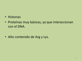 • Histonas
• Proteínas muy básicas, ya que interaccionan
con el DNA.
• Alto contenido de Arg y Lys.

27

 