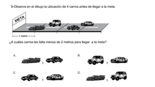 9-Observa en el dibujo la ubicación de 4 carros antes de llegar a la meta.
¿A cuáles carros les falta menos de 2 metros para llegar a la meta?
 