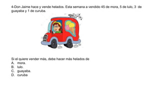 4-Don Jaime hace y vende helados. Esta semana a vendido 45 de mora, 5 de lulo, 3 de
guayaba y 1 de curuba.
Si el quiere vender más, debe hacer más helados de
A. mora.
B. lulo.
C. guayaba.
D. curuba
 
