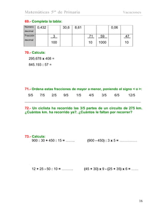 Matemáticas 5º de Primaria                                        Vacaciones

69.- Completa la tabla:
Número     0,432          30,6    8,61                    0,06
decimal
Fracción            3                       71     59              47
decimal
                   100                     10     1000            10

70.- Calcula:
   295.678 x 408 =
   845.193 : 57 =




71.- Ordena estas fracciones de mayor a menor, poniendo el signo < o >:
  5/5       7/5     2/5   9/5     1/5       4/5     3/5     6/5     12/5


72.- Un ciclista ha recorrido las 3/5 partes de un circuito de 275 km.
¿Cuántos km. ha recorrido ya?. ¿Cuántos le faltan por recorrer?




73.- Calcula:
     900 : 30 + 450 : 15 = ……..           (900 - 450) : 3 x 5 = ……………




     12 + 25 - 50 : 10 = ……….            (45 + 30) x 9 - (25 + 35) x 6 = ……




                                                                              16
                                                                              16
 