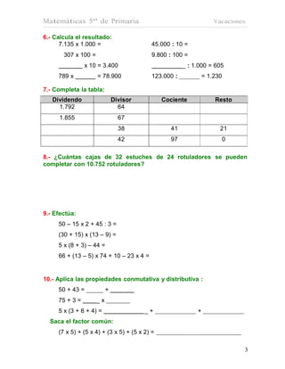 Matemáticas 5º de Primaria                                         Vacaciones

6.- Calcula el resultado:
      7.135 x 1.000 =                     45.000 : 10 =
       307 x 100 =                        9.800 : 100 =
                x 10 = 3.400                          _ : 1.000 = 605
     789 x           = 78.900             123.000 :            = 1.230

7.- Completa la tabla:
   Dividendo                  Divisor          Cociente            Resto
     1.792                      64
     1.855                      67
                                38               41                  21
                                42               97                  0

8.- ¿Cuántas cajas de 32 estuches de 24 rotuladores se pueden
completar con 10.752 rotuladores?




9.- Efectúa:
     50 – 15 x 2 + 45 : 3 =
     (30 + 15) x (13 – 9) =
     5 x (8 + 3) – 44 =
     66 + (13 – 5) x 74 + 10 – 23 x 4 =


10.- Aplica las propiedades conmutativa y distributiva :
     50 + 43 =            +
     75 + 3 =        _x
     5 x (3 + 6 + 4) =                  _+                 +
  Saca el factor común:
     (7 x 5) + (5 x 4) + (3 x 5) + (5 x 2) =

                                                                            3
 