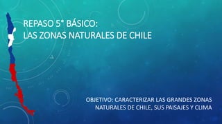 REPASO 5° BÁSICO:
LAS ZONAS NATURALES DE CHILE
OBJETIVO: CARACTERIZAR LAS GRANDES ZONAS
NATURALES DE CHILE, SUS PAISAJES Y CLIMA
 