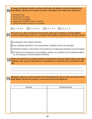 35
Marco encontró en una revista histórica, información sobre la cultura India y sus apor-
taciones, ¿por qué es importante en la actualidad la invención de la numeración digi-
tal?
El equipo de Manuel realizó una línea del tiempo de algunos acontecimientos de la
Edad Media. Opción que muestra el orden cronológico que utilizó para elaborarla.
1. Dinastía Song.
2. Shogunato en Japón.
3. Inicio de las cruzadas.
4. Llegada de Cristóbal Colón a América.
5. Caída del Imperio romano de occidente.
Alejandro observó un documental de la Peste Bubónica que se vivió en la época de la
Edad Media. Escribe las causas y consecuencias de esa epidemia.
Eva leyó en su libro de historia información sobre las Cruzadas en la Edad Media.
¿Cuál acontecimiento marcó un creciente intercambio comercial entre Europa y Asia?
A 5, 1, 3, 2, 4 B 5, 1, 4, 3, 2 C 5, 2, 1, 3, 4 D 5, 2, 4, 1, 3
A La adopción de la religión del Islam.
B Los cristianos derrotaron a los musulmanes, fundando el reino de Jerusalén.
C Hombres mujeres y niños fueron convocados por el papa para participar en las Cruzadas.
D Al vencer los musulmanes a los europeos, entraron en contacto con la civilización islámi-
ca, las riquezas y el conocimiento de Oriente.
_________________________________________________________________________________
_________________________________________________________________________________
_________________________________________________________________________________
Causas Consecuencias
 