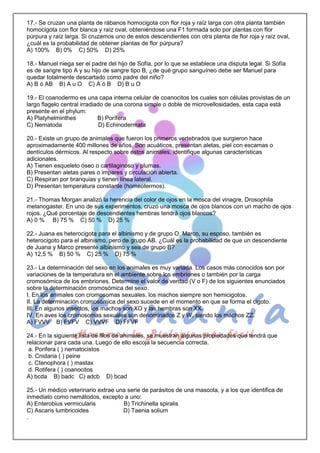 17.- Se cruzan una planta de rábanos homocigota con flor roja y raíz larga con otra planta también
homocigota con flor blanca y raíz oval, obteniéndose una F1 formada solo por plantas con flor
púrpura y raíz larga. Si cruzamos uno de estos descendientes con otra planta de flor roja y raíz oval,
¿cuál es la probabilidad de obtener plantas de flor púrpura?
A) 100% B) 0% C) 50% D) 25%
18.- Manuel niega ser el padre del hijo de Sofía, por lo que se establece una disputa legal. Si Sofía
es de sangre tipo A y su hijo de sangre tipo B, ¿de qué grupo sanguíneo debe ser Manuel para
quedar totalmente descartado como padre del niño?
A) B ó AB B) A u O C) A ó B D) B u O
19.- El coanodermo es una capa interna celular de coanocitos los cuales son células provistas de un
largo flagelo central irradiado de una corona simple o doble de microvellosidades, esta capa está
presente en el phylum:
A) Platyhelminthes B) Porífera
C) Nematoda D) Echinodermata
20.- Existe un grupo de animales que fueron los primeros vertebrados que surgieron hace
aproximadamente 400 millones de años. Son acuáticos, presentan aletas, piel con escamas o
dentículos dérmicos. Al respecto sobre estos animales, identifique algunas características
adicionales.
A) Tienen esqueleto óseo o cartilaginoso y plumas.
B) Presentan aletas pares o impares y circulación abierta.
C) Respiran por branquias y tienen línea lateral.
D) Presentan temperatura constante (homeotermos).
21.- Thomas Morgan analizó la herencia del color de ojos en la mosca del vinagre, Drosophila
melanogaster. En uno de sus experimentos, cruzó una mosca de ojos blancos con un macho de ojos
rojos. ¿Qué porcentaje de descendientes hembras tendrá ojos blancos?
A) 0 % B) 75 % C) 50 % D) 25 %
22.- Juana es heterocigota para el albinismo y de grupo O. Marco, su esposo, también es
heterocigoto para el albinismo, pero de grupo AB. ¿Cuál es la probabilidad de que un descendiente
de Juana y Marco presente albinismo y sea de grupo B?
A) 12,5 % B) 50 % C) 25 % D) 75 %
23.- La determinación del sexo en los animales es muy variada. Los casos más conocidos son por
variaciones de la temperatura en el ambiente sobre los embriones o también por la carga
cromosómica de los embriones. Determine el valor de verdad (V o F) de los siguientes enunciados
sobre la determinación cromosómica del sexo.
I. En los animales con cromosomas sexuales, los machos siempre son hemicigotos.
II. La determinación cromosómica del sexo sucede en el momento en que se forma el cigoto.
III. En algunos insectos, los machos son XO y las hembras son XX.
IV. En aves los cromosomas sexuales son denominados Z y W, siendo los machos ZZ.
A) FVVV B) FVFV C) VVVF D) FFVF
24.- En la siguiente lista de filos de animales, se muestran algunas propiedades que tendrá que
relacionar para cada una. Luego de ello escoja la secuencia correcta.
a. Porifera ( ) nematocistos
b. Cnidaria ( ) peine
c. Ctenophora ( ) mastax
d. Rotifera ( ) coanocitos
A) bcda B) badc C) adcb D) bcad
25.- Un médico veterinario extrae una serie de parásitos de una mascota, y a los que identifica de
inmediato como nemátodos, excepto a uno:
A) Enterobius vermicularis B) Trichinella spiralis
C) Ascaris lumbricoides D) Taenia solium
.
 