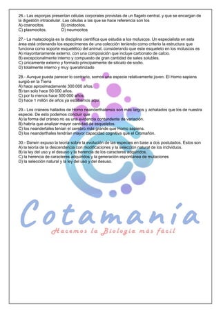 26.- Las esponjas presentan células corporales provistas de un flagelo central, y que se encargan de
la digestión intracelular. Las células a las que se hace referencia son los
A) coanocitos. B) cnidocitos.
C) plasmocitos. D) neumocitos
.
27.- La malacología es la disciplina científica que estudia a los moluscos. Un especialista en esta
área está ordenando los especímenes de una colección teniendo como criterio la estructura que
funciona como soporte esquelético del animal, considerando que este esqueleto en los moluscos es
A) mayoritariamente externo, con una composición que incluye carbonato de calcio.
B) excepcionalmente interno y compuesto de gran cantidad de sales solubles.
C) únicamente externo y formado principalmente de silicato de sodio.
D) totalmente interno y muy queratinizado
28.- Aunque pueda parecer lo contrario, somos una especie relativamente joven. El Homo sapiens
surgió en la Tierra
A) hace aproximadamente 300 000 años.
B) tan solo hace 50 000 años.
C) por lo menos hace 500 000 años.
D) hace 1 millón de años ya estábamos aquí.
29.- Los cráneos hallados de Homo neanderthalensis son más largos y achatados que los de nuestra
especie. De esto podemos concluir que
A) la forma del cráneo no es una evidencia contundente de variación.
B) habría que analizar mayor cantidad de esqueletos.
C) los neandertales tenían el cerebro más grande que Homo sapiens.
D) los neanderthales tendrían mayor capacidad cognitiva que el Cromañón.
30.- Darwin expuso la teoría sobre la evolución de las especies en base a dos postulados. Estos son
A) la teoría de la descendencia con modificaciones y la selección natural de los individuos.
B) la ley del uso y el desuso y la herencia de los caracteres adquiridos.
C) la herencia de caracteres adquiridos y la generación espontánea de mutaciones
D) la selección natural y la ley del uso y del desuso.
 