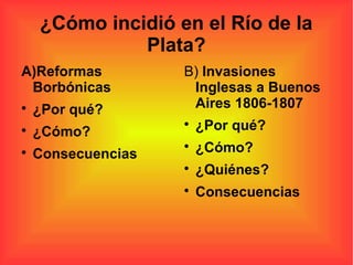 ¿Cómo incidió en el Río de la
Plata?
A)Reformas
Borbónicas

¿Por qué?

¿Cómo?

Consecuencias
B) Invasiones
Inglesas a Buenos
Aires 1806-1807

¿Por qué?

¿Cómo?

¿Quiénes?

Consecuencias
 