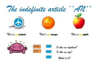 The indefinite article ``AN´´

This is an airport.           That´s an orange.                 This is an apple.


                      Elefante        ?
                                             Is this an elephant?
                      Huevo
                                      ?      Is this an egg?
                                      ?
                                                  What is it?
 