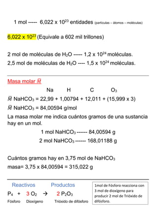 1 mol ----- 6,022 x 1023
entidades (partículas – átomos – moléculas)
6,022 x 1023
(Equivale a 602 mil trillones)
2 mol de moléculas de H2O ----- 1,2 x 1024
moléculas.
2,5 mol de moléculas de H2O ---- 1,5 x 1024
moléculas.
Masa molar 𝑀
̅
Na H C O3
𝑀
̅ NaHCO3 = 22,99 + 1,00794 + 12,011 + (15,999 x 3)
𝑀
̅ NaHCO3 = 84,00594 g/mol
La masa molar me indica cuántos gramos de una sustancia
hay en un mol.
1 mol NaHCO3 ------ 84,00594 g
2 mol NaHCO3 ------ 168,01188 g
Cuántos gramos hay en 3,75 mol de NaHCO3
masa= 3,75 x 84,00594 = 315,022 g
Reactivos Productos
P4 + 3 O2  2 P2O3
Fósforo Dioxígeno Trióxido de difósforo
1mol de Fósforo reacciona con
3 mol de dioxígeno para
producir 2 mol de Trióxido de
difósforo.
 