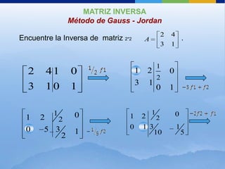 MATRIZ INVERSA
               Método de Gauss - Jordan
                                                     2   4
Encuentre la Inversa de matriz 2*2       A                 .
                                                     3   1


                                                 1
  2     41     0                     1       2           0
                                               2
                                     3       1
  3    10      1                               0         1


          1     0                            1               0
  1   2   2                      1       2       2
  0    5 3                       0       1 3                 1
                1                              10                5
           2
 