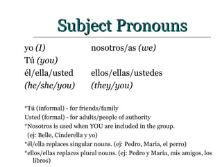 Subject Pronouns yo  (I) nosotros/as  (we) Tú  (you) él/ella/usted ellos/ellas/ustedes (he/she/you) (they/you) *Tú (informal) - for friends/family Usted (formal) - for adults/people of authority *Nosotros is used when YOU are included in the group.  (ej: Belle, Cinderella y yo) *él/ella replaces singular nouns. (ej: Pedro, María, el perro) *ellos/ellas replaces plural nouns. (ej: Pedro y María, mis amigos, los libros) 