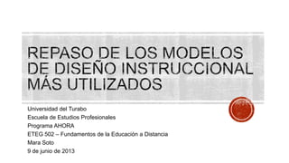 Universidad del Turabo
Escuela de Estudios Profesionales
Programa AHORA
ETEG 502 – Fundamentos de la Educación a Distancia
Mara Soto
9 de junio de 2013
 