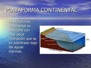 PLATAFORMA CONTINENTAL La plataforma continental es una zona con muy poca inclinación que se va adentrado bajo las aguas marinas.