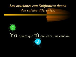 Las oraciones con Subjuntivo tienen
dos sujetos diferentes:
Yo quiero que tú escuches una canción
 