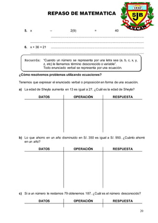 REPASO DE MATEMATICA
20
5. x – 2(9) = 40
..........................................................................................................
.................................................................................................................................
6. x + 36 = 21 ..........................................................................................................
.................................................................................................................................
Recuerda: “Cuando un número se representa por una letra sea (a, b, c, x, y,
z, etc) le llamamos término desconocido o variable”.
Todo enunciado verbal se representa por una ecuación.
¿Cómo resolvemos problemas utilizando ecuaciones?
Tenemos que expresar el enunciado verbal o proposición en forma de una ecuación.
a) La edad de Sheyla aumenta en 13 es igual a 27. ¿Cuál es la edad de Sheyla?
DATOS OPERACIÓN RESPUESTA
b) Lo que ahorro en un año disminuido en S/. 350 es igual a S/. 950. ¿Cuánto ahorré
en un año?
DATOS OPERACIÓN RESPUESTA
c) Si a un número le restamos 79 obtenemos 187. ¿Cuál es el número desconocido?
DATOS OPERACIÓN RESPUESTA
 