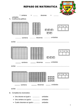 REPASO DE MATEMATICA
3
1 centena = ........... decenas = ............
unidades
1. Codifica los gráficos
............ centena ............ decenas ............ unidades
D U
C
se lee: .........................................................................................................................
centena decenas unidades
D U
C
se lee: .........................................................................................................................
centena decenas unidades
D U
C
se lee: .........................................................................................................................
2. Completa los enunciados:
 Una decena es igual a ................. unidades
 Una centena es igual a ................. unidades
 Cuatro decenas es igual a .............. unidades
 