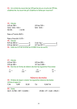 43.- Un ciclista ha recorrido las 3/5 partes de un circuito de 275 km.
¿Cuántos km. ha recorrido ya? ¿Cuántos le faltan por recorrer?
44.- Calcula:
3/5 de 750 = 2/9 de 720 =
13/6 + 8/6 + 9/6 = 5/8 – 5/8 =
42/35 - = 11/35
Pasa a nº mixto 28/5 =
Pasa a fracción 3 2/5 =
45.- Calcula:
5/9 de 180 m = __________ m ¾ de 1 kg = _____________ g
4/9 de 360 dl = __________dl 2/7 de 147 l = ___________ l
46.- Halla los 2/3 de la mitad de 12.000 litros de aceite.
47.- Calcula:
1/9 de 720 = 2/5 de 250 =
3/5 de 100 = 3/7 de 2.100 =
48.- Escribe en forma de número decimal las siguientes fracciones:
Números decimales
49.- Ordena de mayor a menor los siguientes números decimales.
Utiliza el signo (>):
7,36 9,45 12,10 7,6 9,367 16
______________________________________________________
50.- Suma:
36,5 + 8,708 + 357 + 0,3648 = 24,58 + 27 + 3,68 + 246,5 =
10
=
10
3
=
100
6
=
1000
23
=
10
87
 