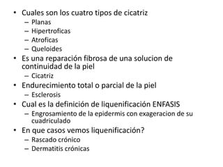 • Cuales son los cuatro tipos de cicatriz
– Planas
– Hipertroficas
– Atroficas
– Queloides
• Es una reparación fibrosa de una solucion de
continuidad de la piel
– Cicatriz
• Endurecimiento total o parcial de la piel
– Esclerosis
• Cual es la definición de liquenificación ENFASIS
– Engrosamiento de la epidermis con exageracion de su
cuadriculado
• En que casos vemos liquenificación?
– Rascado crónico
– Dermatitis crónicas
 