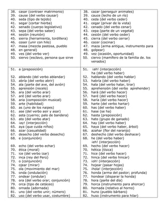 38.   casar (contraer matrimonio)          38.   cazar (perseguir animales)
39.   cause (del verbo causar)             39....
