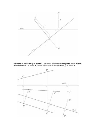 Se tiene la recta AB y el punto C. Se desea proyectar el conjunto en un nuevo
plano vertical , el plano 3 , de tal forma que la recta AB sea // al plano 3 .
 