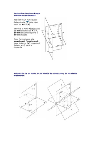 Determinación de un Punto
Mediante Coordenadas:

Posición de un Punto quede
Determinada      debe estar
dado por P(X,Y,Z)

Observe el Punto P(35;50;60)
35 mm distancia de P al PL,
50 mm el vuelo del punto y
60 mm la cota.

Todo Punto situado a la
derecha del Plano Lateral,
tiene distancia (+) respecto al
Origen, y (-) hacia la
izquierda.




Proyección de un Punto en los Planos de Proyección y en los Planos
Bisectores:
 