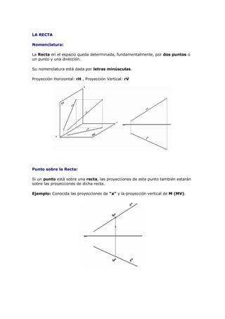 LA RECTA

Nomenclatura:

La Recta en el espacio queda determinada, fundamentalmente, por dos puntos o
un punto y una dirección.

Su nomenclatura está dada por letras minúsculas.

Proyección Horizontal: rH , Proyección Vertical: rV




Punto sobre la Recta:

Si un punto está sobre una recta, las proyecciones de este punto también estarán
sobre las proyecciones de dicha recta.

Ejemplo: Conocida las proyecciones de “a” y la proyección vertical de M (MV).
 