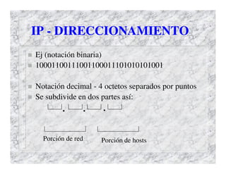 IP - DIRECCIONAMIENTO
Ej (notación binaria)
10001100111001100011101010101001

Notación decimal - 4 octetos separados por puntos
Se subdivide en dos partes así:
        .      .    .

  Porción de red    Porción de hosts
 