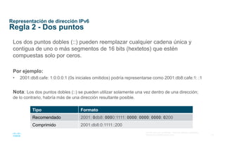 10
© 2016 Cisco y/o sus afiliados. Todos los derechos reservados.
Información confidencial de Cisco
Representación de dirección IPv6
Regla 2 - Dos puntos
Los dos puntos dobles (::) pueden reemplazar cualquier cadena única y
contigua de uno o más segmentos de 16 bits (hextetos) que estén
compuestas solo por ceros.
Por ejemplo:
• 2001:db8:cafe: 1:0:0:0:1 (0s iniciales omitidos) podría representarse como 2001:db8:cafe:1: :1
Nota: Los dos puntos dobles (::) se pueden utilizar solamente una vez dentro de una dirección;
de lo contrario, habría más de una dirección resultante posible.
Tipo Formato
Recomendado 2001: 0db8: 0000:1111: 0000: 0000: 0000: 0200
Comprimido 2001:db8:0:1111::200
 