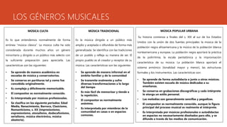 LOS GÉNEROS MUSICALES
MÚSICA CULTA
Es lo que entendemos normalmente de forma
errónea “música clásica”. La música culta ha sido
considerada durante muchos años un género
minoritario y dirigido a un público más selecto con
la suficiente preparación para apreciarla. Las
características son las siguientes:
• Se aprende de manera académica en
escuelas de música y conservatorios.
• Se conserva en partituras tal y como fue
concebida originalmente.
• Es compleja y difícilmente memorizable.
• El compositor es normalmente conocido.
• Es interpretada por músicos profesionales.
• Se clasifica en los siguiente períodos: Edad
Media, Renacimiento, Barroco, Clasicismo,
Romanticismo, s. XX (impresionismo,
expresionismo, atonalismo, dodecafonismo,
serialismo, música electrónica, música
aleatoria).
MÚSICA TRADICIONAL
Es la música dirigida a un público más
amplio y aceptada o difundida de forma más
generalizada. Se identifica con las tradiciones
de un pueblo y refleja su manera de ser. El
propio pueblo es el creador y receptor de su
música. Las características son las siguientes
• Se aprende de manera informal en el
ámbito familiar y de la comunidad
• Se transmite oralmente y sufre
diversas transformaciones a lo largo
del tiempo
• Es más fácil de memorizar y tiende a
la repetición.
• El compositor es normalmente
anónimo.
• Es interpretada por miembros de la
comunidad en casas o en espacios
comunes.
MÚSICA POPULAR URBANA
Su historia comienza a finales del s. XIX al sur de los Estados
Unidos con la unión de dos fuentes principales: la música de la
población negra afroamericana y la música de la población blanca
norteamericana y europea. La población negra aportará la práctica
de la polirritmia, la escala pentatónica y la improvisación
característica de su música. La población blanca aportará el
sistema armónico (tonalidad mayor y menor), las estructuras
formales y los instrumentos. Las características son:
• Se aprende de forma autodidacta o junto a otros músicos.
También existen escuela de música dedicadas a su
enseñanza.
• Se conserva en grabaciones discográficas y cada intérprete
le otorga un estilo personal.
• Las melodías son generalmente sencillas y pegadizas.
• El compositor es normalmente conocido, aunque la figura
principal del proceso musical es realmente el intérprete.
• Es interpretada por músicos profesionales o autodidactas
en espacios no necesariamente diseñados para ello, y se
difunde a través de los medios de comunicación.
 