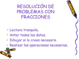 RESOLUCIÓN DE
PROBLEMAS CON
FRACCIONES
• Lectura tranquila.
• Antar todos los datos.
• Dibujar si lo crees necesario
• Realizar las operaciones necesarias.
 