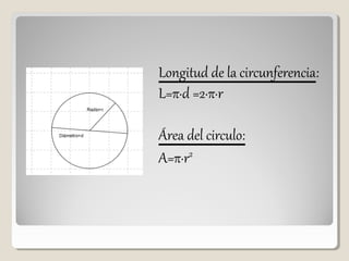 Longitud de la circunferencia:
L=π·d =2·π·r
Área del circulo:
A=π·r2