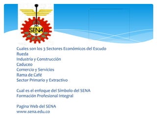 Cuales son los 3 Sectores Económicos del Escudo
Rueda
Industria y Construcción
Caduceo
Comercio y Servicios
Rama de Café
Sector Primario y Extractivo

Cual es el enfoque del Símbolo del SENA
Formación Profesional Integral

Pagina Web del SENA
www.sena.edu.co
 