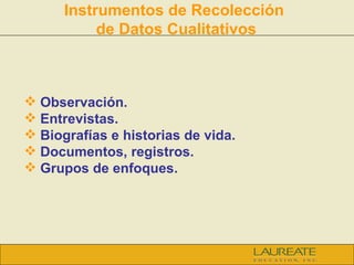 Instrumentos de Recolección  de Datos Cualitativos <ul><li>Observación. </li></ul><ul><li>Entrevistas. </li></ul><ul><li>B...