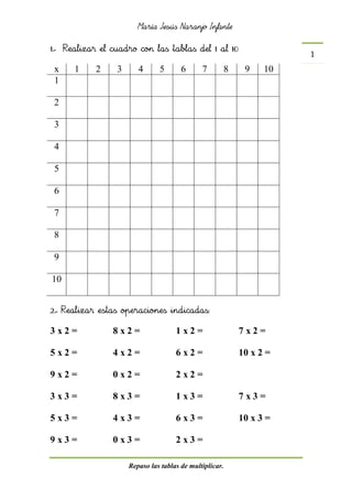 María Jesús Naranjo Infante


1.- Realizar el cuadro con las tablas del 1 al 10
                                                                        1
 x    1    2     3      4      5       6      7          8    9    10
 1

 2

 3

 4

 5

 6

 7

 8

 9

10


2.- Realizar estas operaciones indicadas:

3x2=            8x2=                 1x2=                    7x2=

5x2=            4x2=                 6x2=                    10 x 2 =

9x2=            0x2=                 2x2=

3x3=            8x3=                 1x3=                    7x3=

5x3=            4x3=                 6x3=                    10 x 3 =

9x3=            0x3=                 2x3=

                     Repaso las tablas de multiplicar.
 