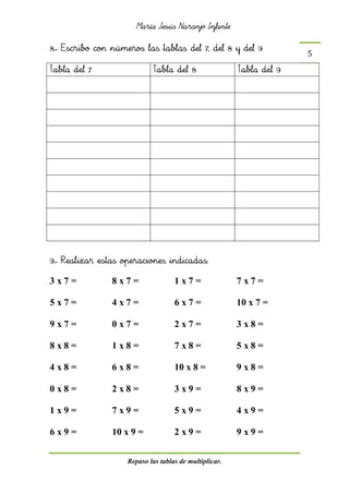 María Jesús Naranjo Infante


8.- Escribo con números las tablas del 7, del 8 y del 9
                                                                      5
Tabla del 7                  Tabla del 8                Tabla del 9




9.- Realizar estas operaciones indicadas:

3x7=            8x7=                1x7=                7x7=

5x7=            4x7=                6x7=                10 x 7 =

9x7=            0x7=                2x7=                3x8=

8x8=            1x8=                7x8=                5x8=

4x8=            6x8=                10 x 8 =            9x8=

0x8=            2x8=                3x9=                8x9=

1x9=            7x9=                5x9=                4x9=

6x9=            10 x 9 =            2x9=                9x9=


                    Repaso las tablas de multiplicar.
 