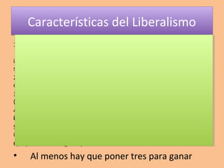CCaarraacctteerrííssttiiccaass ddeell LLiibbeerraalliissmmoo 
1) El liberalismo es un sistema político en el que el Estado 
( gobierno) debe garantizar los derechos y libertades de las personas. El 
individuo libre es el ciudadano y el conjunto de los ciudadanos tienen la 
soberanía ( poder) 
2) En el liberalismo hay división de poderes ( legislativo, ejecutivo y judicial) 
que queda reflejado en la Constitución. 
3) Las decisiones y leyes se elaboran en el Parlamento, elegida por votación 
( sufragio) . 
4) El derecho a la propiedad privada ( formulado como una libertad del 
individuo) . 
5) La economía se basa en la libertad de mercado. El Estado no debe 
intervenir en la Economía. 
6) Separación de la Iglesia y el Estado. 
• Al menos hay que poner tres para ganar 
 