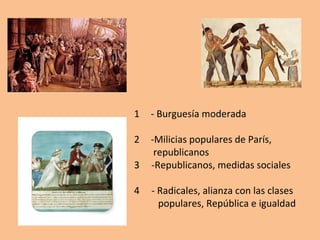 1 - Burguesía moderada 
2 -Milicias populares de París, 
republicanos 
3 -Republicanos, medidas sociales 
4 - Radicales, alianza con las clases 
populares, República e igualdad 
 